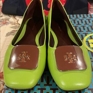 Tory Burch Lime Green Flats with Gold Accent